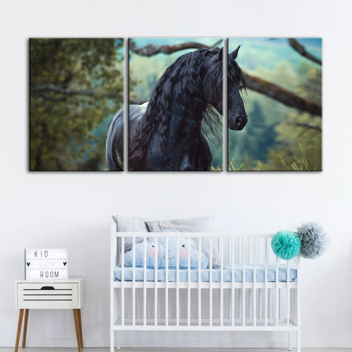 Black Horse in Forest-Canvas Wall Art Painting 3 Pieces | Bowlift