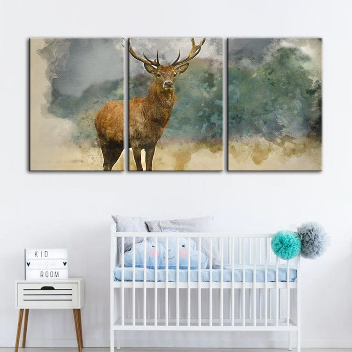 Watercolor Plains Deer-Canvas Wall Art Painting 3 Pieces | Bowlift