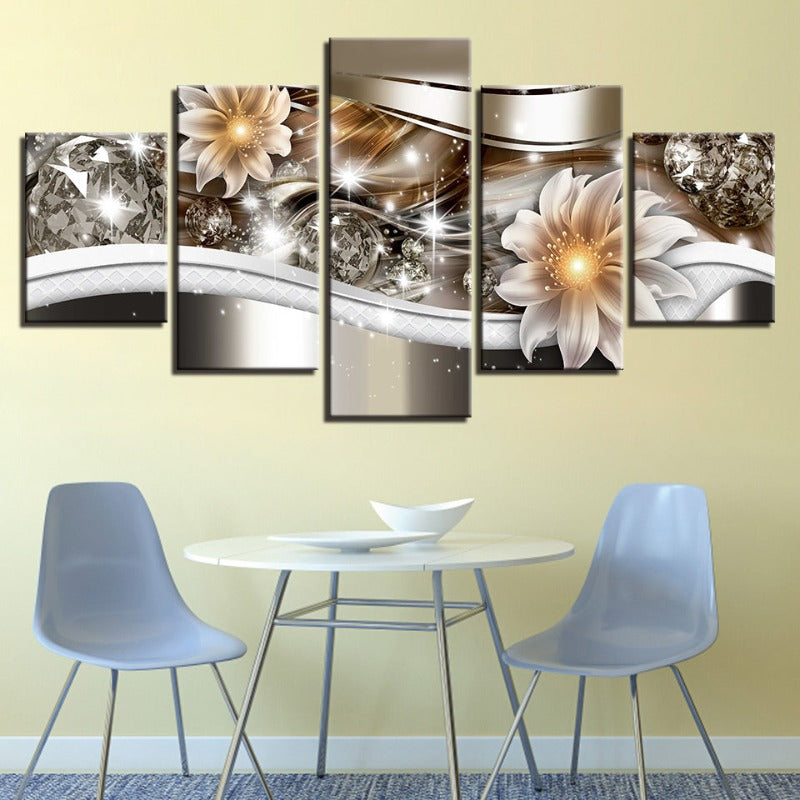 5 Piece Golden Glow Hue White Flower - Canvas Wall Art Painting | Bowlift