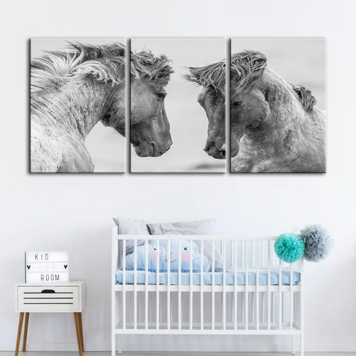Two White Horses-Canvas Wall Art Painting 3 Pieces | Bowlift