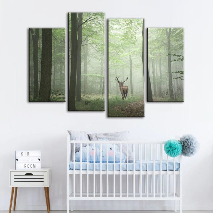 4 Piece Misty Mystical Deer in the Woods - Canvas Wall Art Painting | Bowlift