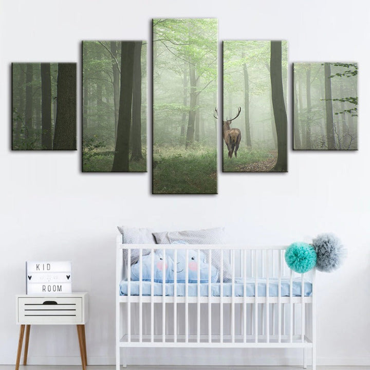 5 Piece Misty Mystical Deer In The Woods - Canvas Wall Art Paintings | Bowlift