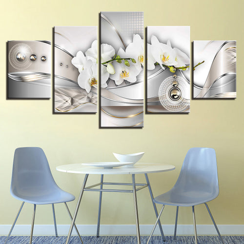 White Orchids And Metal Beads 5 Piece - Canvas Wall Art Painting | Bowlift