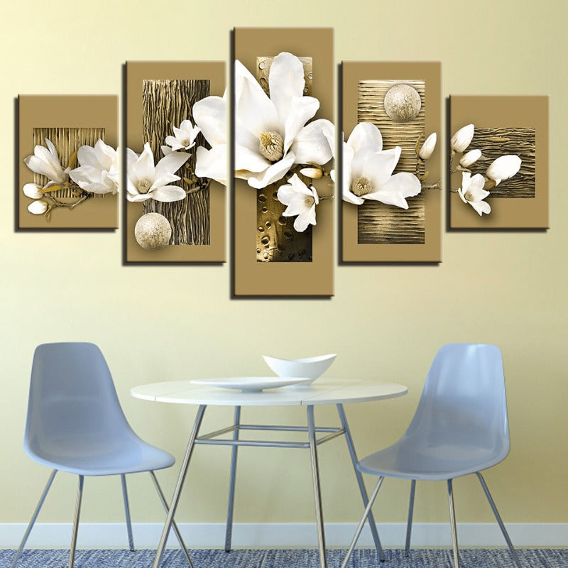 5 Piece Wooden Background White Flower - Canvas Wall Art Painting | Bowlift