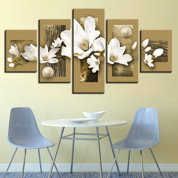 5 Piece Wooden Background White Flower - Canvas Wall Art Painting | Bowlift