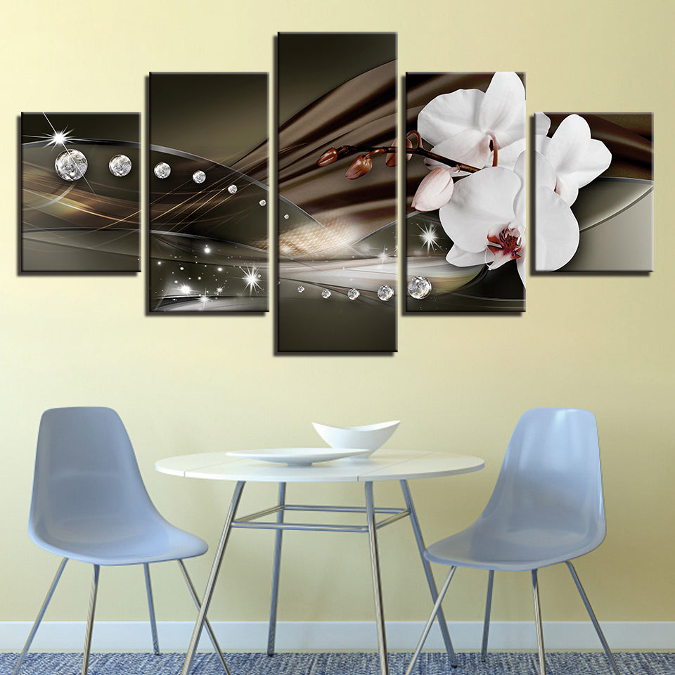 White Orchids And Brilliant Crystals 5 Piece - Canvas Wall Art Painting | Bowlift