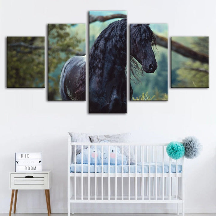 5 Piece Black Horse in Forest - Canvas Wall Art Painting | Bowlift