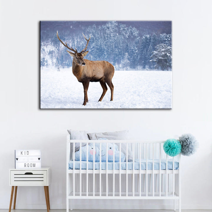 Snowy Landscape Deer - Canvas Wall Art Painting | Bowlift