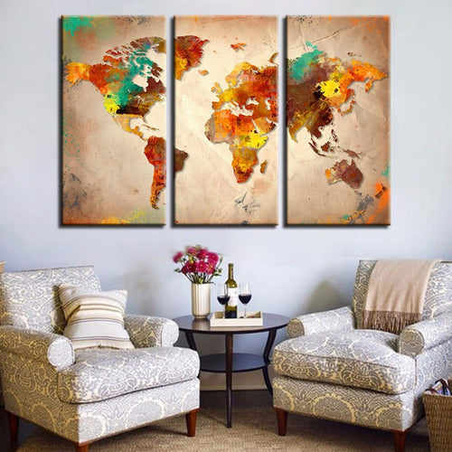 Beautiful Abstract Multi-Color World Map-Canvas Wall Art Painting 3 Pieces | Bowlift