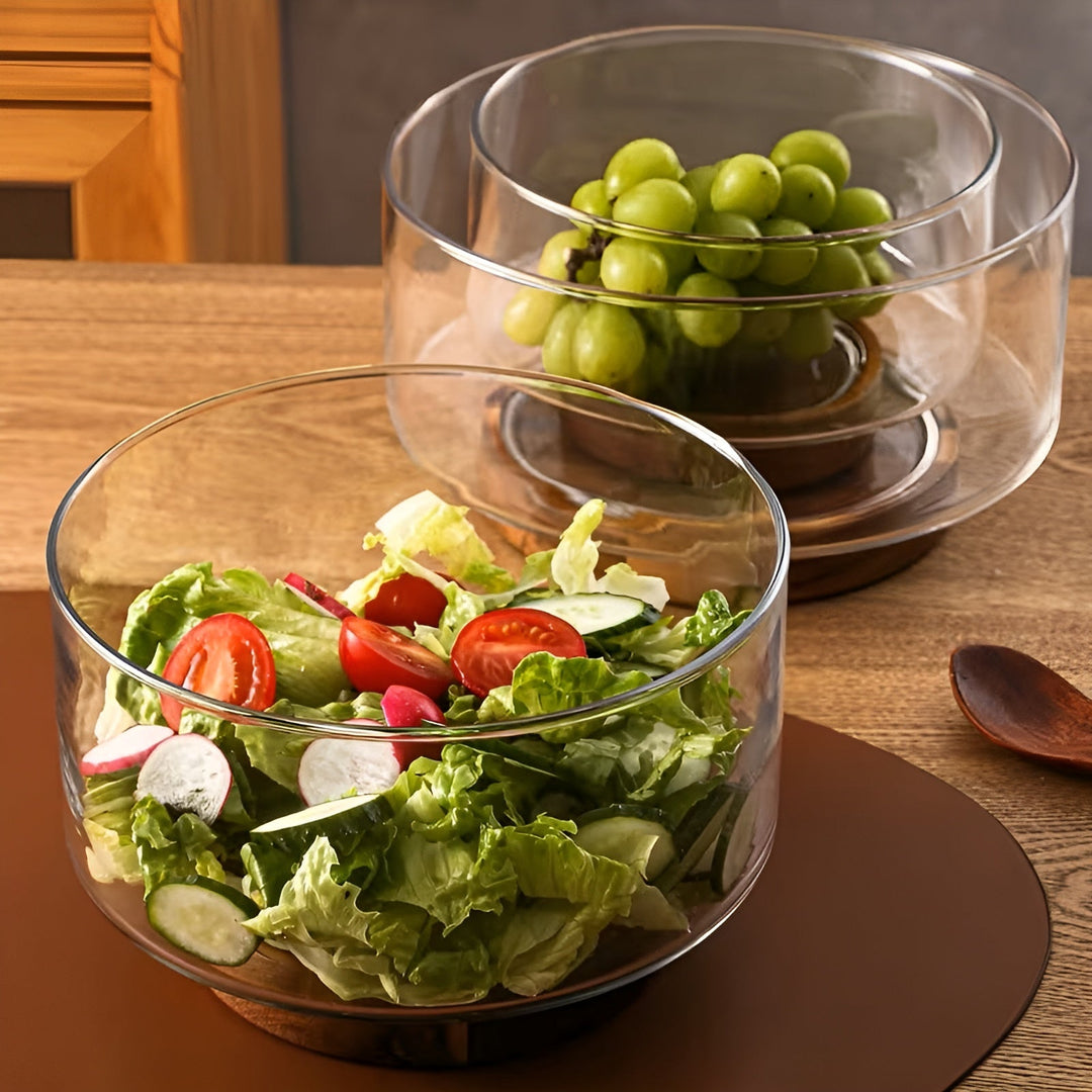 Glass bowl with wooden base – Elegant and decorative | Perfect for fruit, snacks, and salads in the kitchen | Bowlift