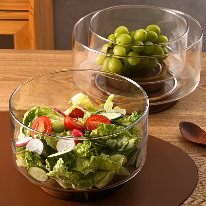 Glass bowl with wooden base – Elegant and decorative | Perfect for fruit, snacks, and salads in the kitchen | Bowlift