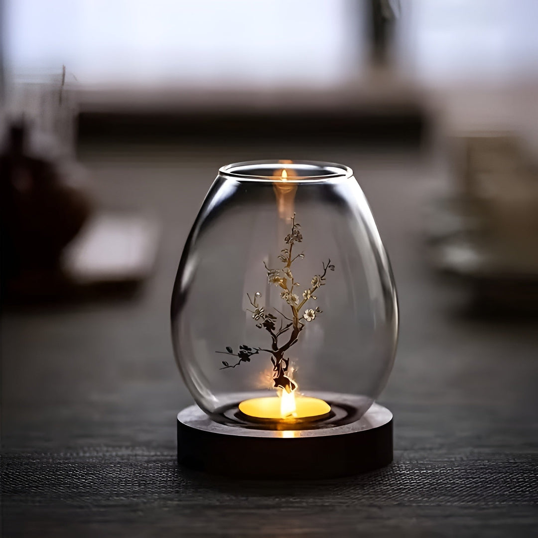 2-piece set glass candle holders with wooden base - decorative in retro zen style | perfect for living room, taBowlifte decoration and outdoor | Bowlift