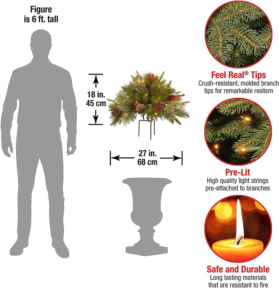 BowLift | Christmas Urn Filler with LED Lights | 18" Realistic Pine Arrangement | Indoor/Outdoor Decor