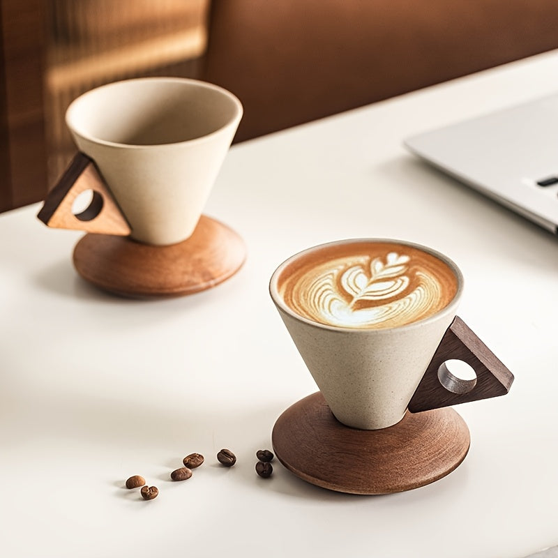 BaristaLuxe Ceramic Coffee Mug 250ml – Handcrafted with Wooden Handle and Saucer | Bowlift