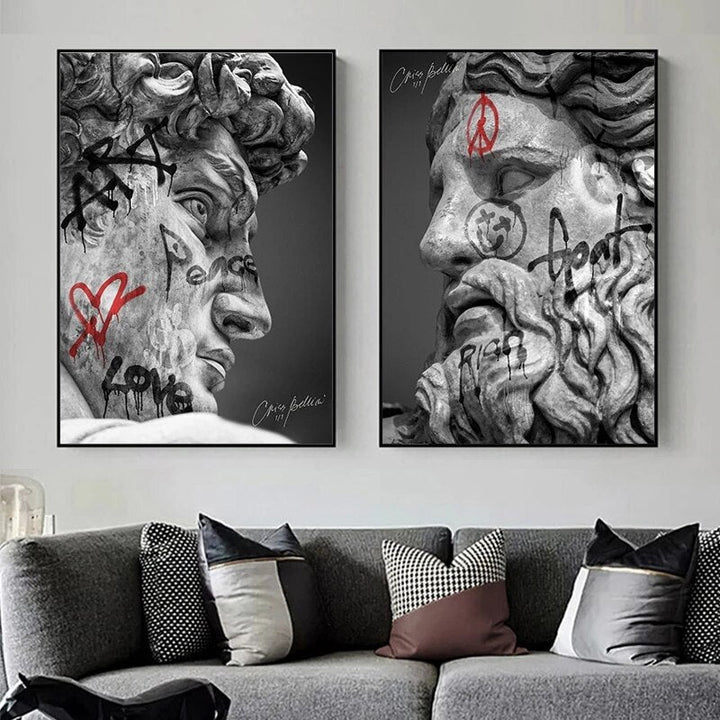 David Head Sculpture Graffiti - Canvas Wall Art Painting | Bowlift