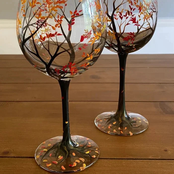 BowLift | Hand Painted Four Seasons Tree Wine Glasses | Unique Art