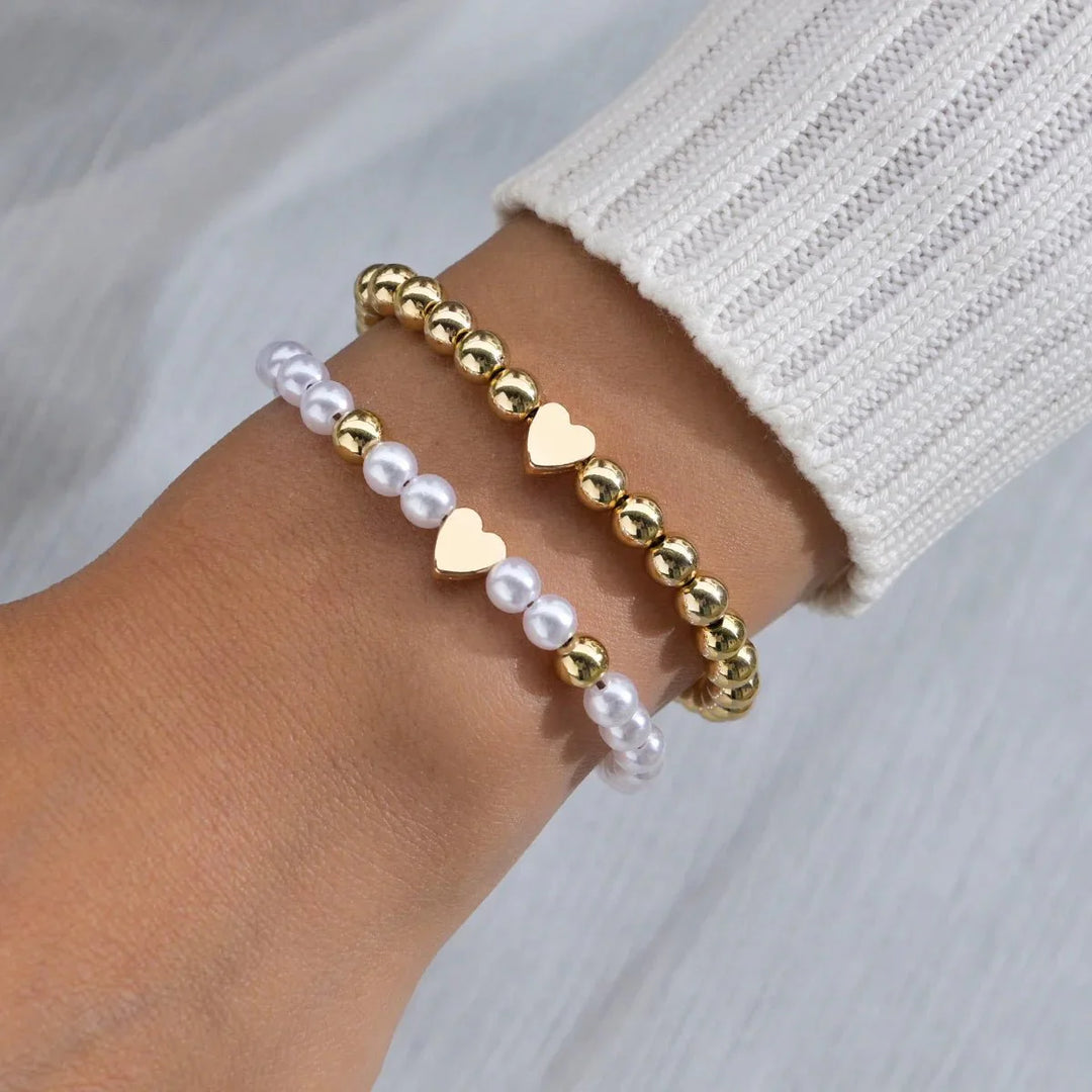BowLift | 2pcs Classy White & Gold Beaded Heart Bracelets