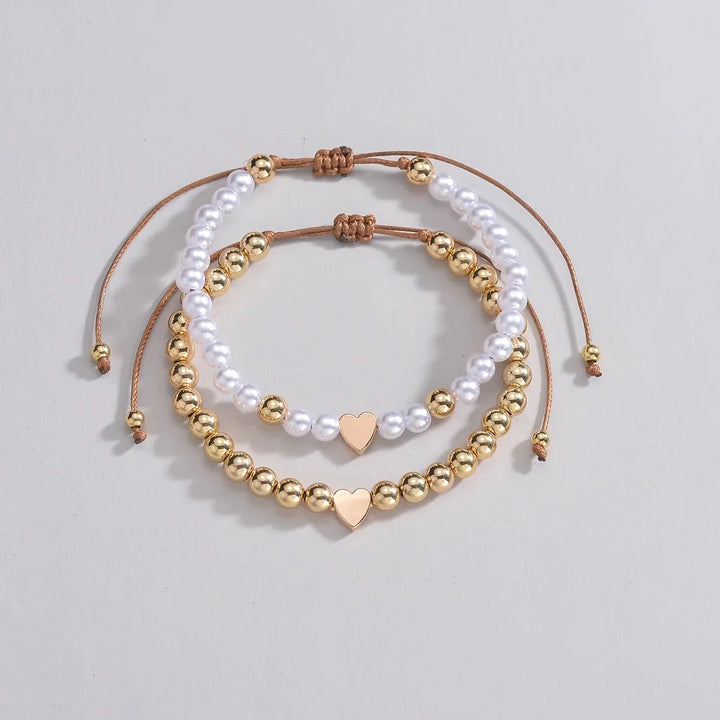 BowLift | 2pcs Classy White & Gold Beaded Heart Bracelets