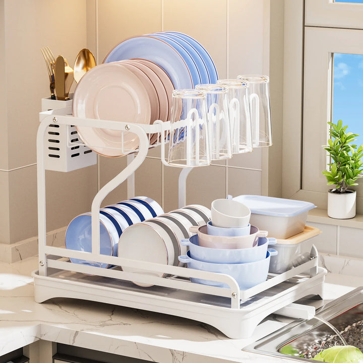 2Tier Metal Dish Drying Drainer Rack With Drainboard Kitchen Counter | Bowlift