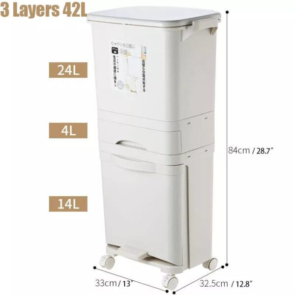 3 Layer Storage Trash Dustbin With Wheels 42L Bowlift
