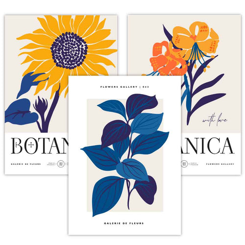 Blue & Yellow Set of 3 Floral Boho Sunflower Framed Wall Art Prints | Bowlift