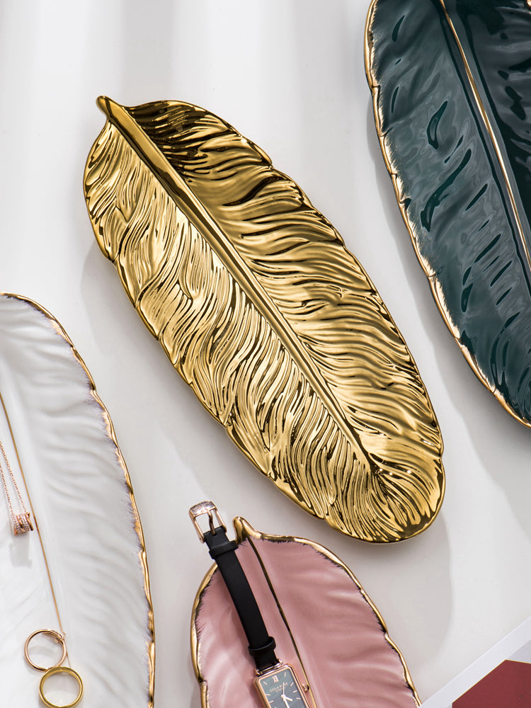 BowLift | Nordic Light Luxury Style on Golden Feather Plate Retro Jewelry Plate Storage Plate Snack Plate Home Decor