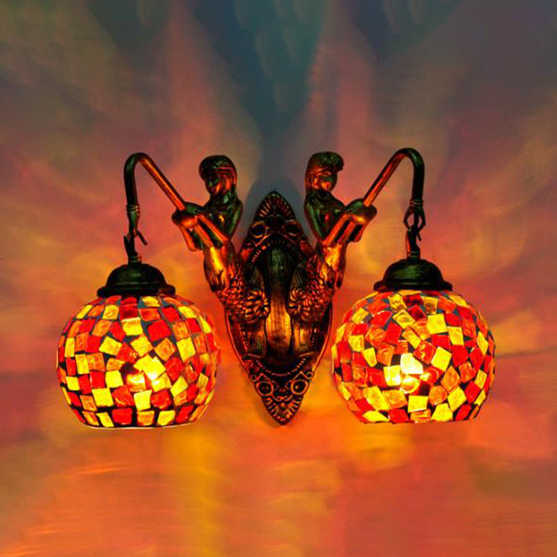 BowLift | 2 Lights Wall Mount Lighting Mediterranean Spherical Stained Glass Wall Lamp in Red/Yellow/Orange with Mermaid Arm