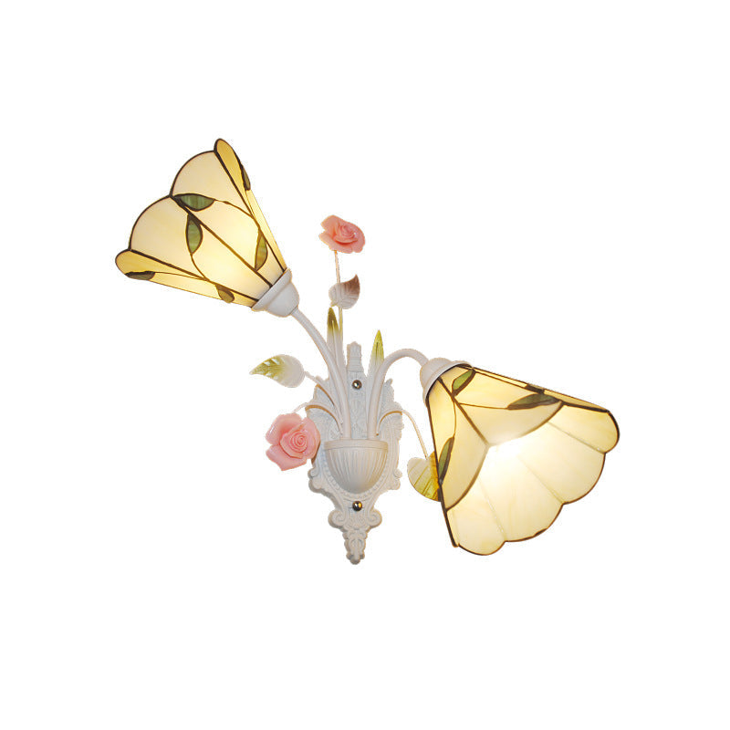 BowLift | 2 Lights Living Room Wall Mounted Light Baroque White Wall Lamp with Conical Colored Glass Shade