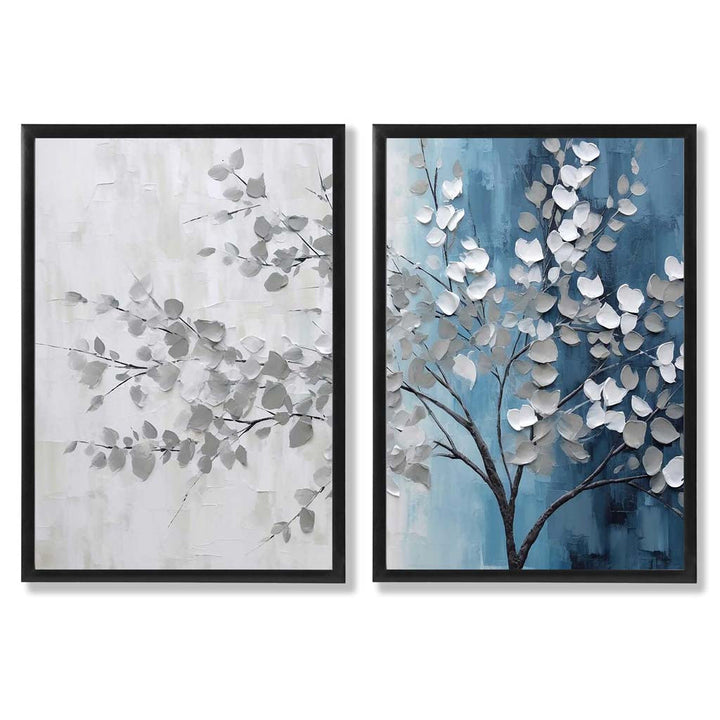Blue and Gray Tree Diptych Framed Set of 2 Art Prints | Bowlift