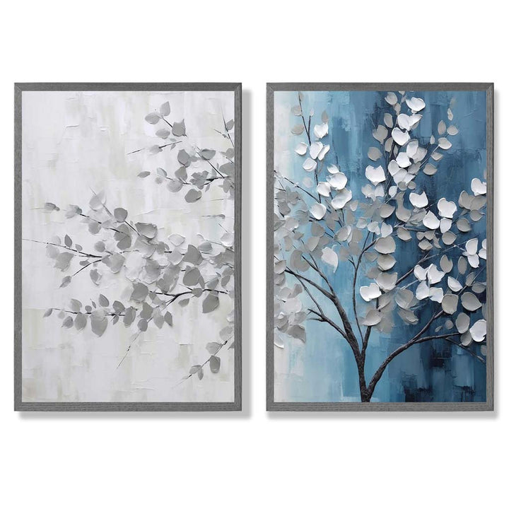 Blue and Gray Tree Diptych Framed Set of 2 Art Prints | Bowlift
