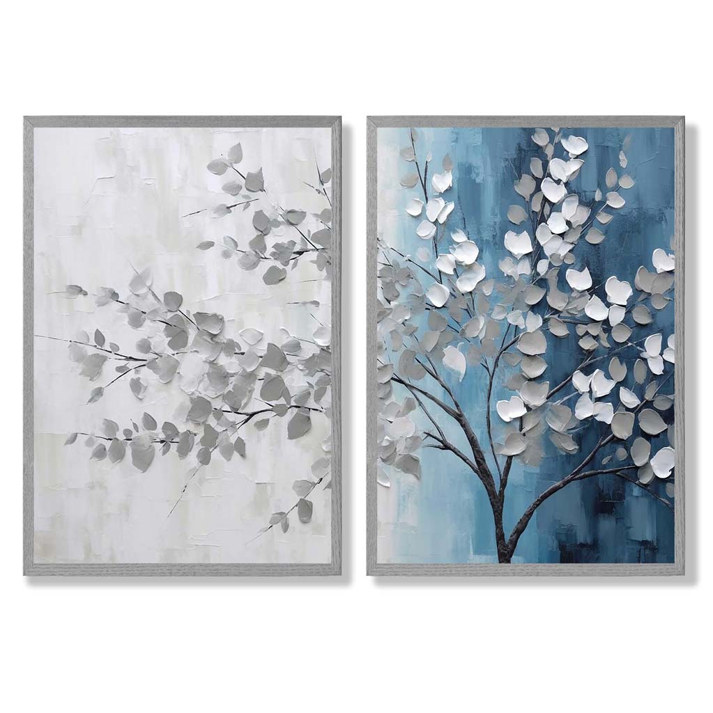 Blue and Gray Tree Diptych Framed Set of 2 Art Prints | Bowlift