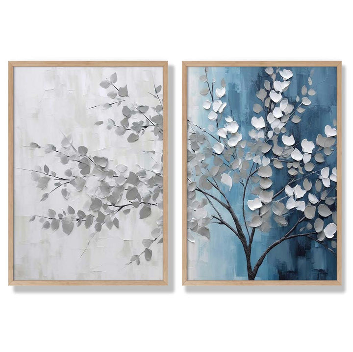 Blue and Gray Tree Diptych Framed Set of 2 Art Prints | Bowlift