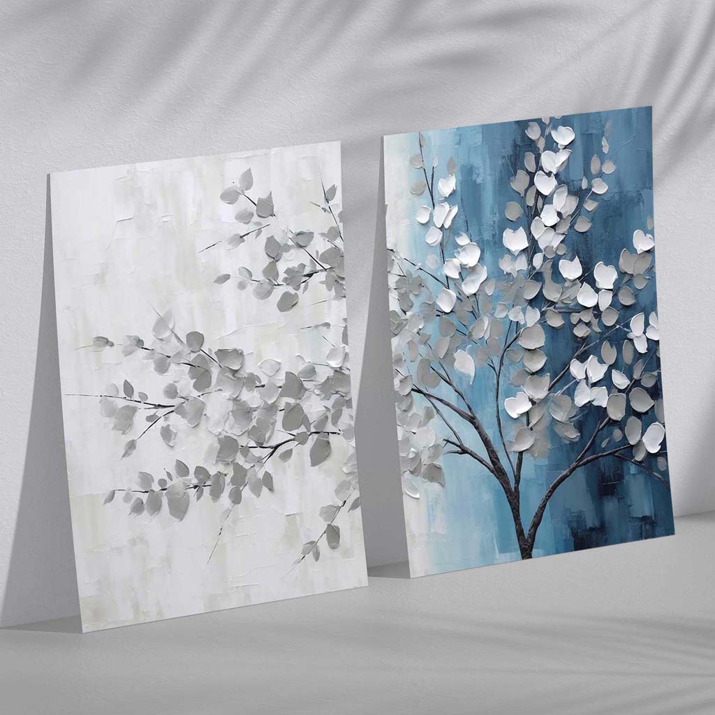 Blue and Gray Tree Diptych Framed Set of 2 Art Prints | Bowlift