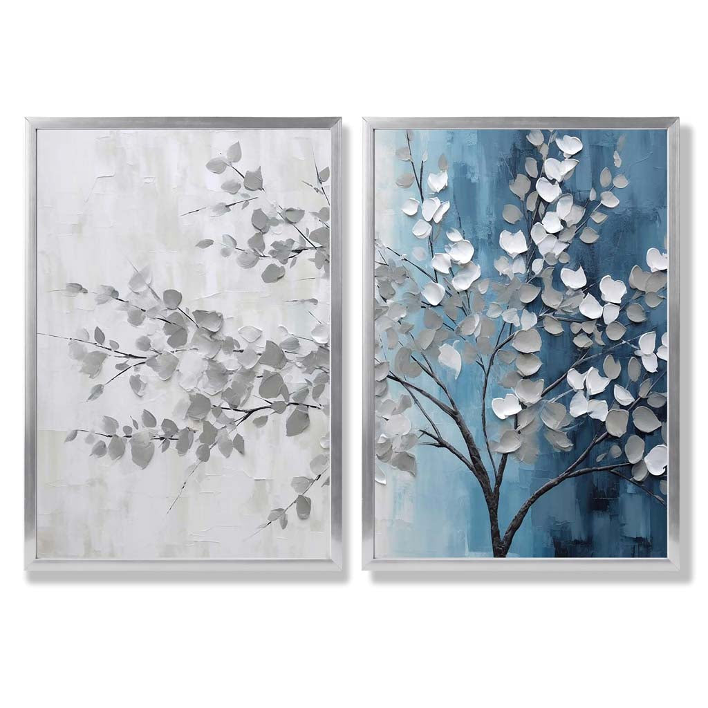 Blue and Gray Tree Diptych Framed Set of 2 Art Prints | Bowlift