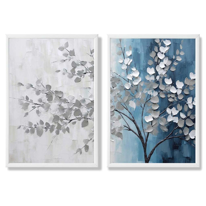 Blue and Gray Tree Diptych Framed Set of 2 Art Prints | Bowlift