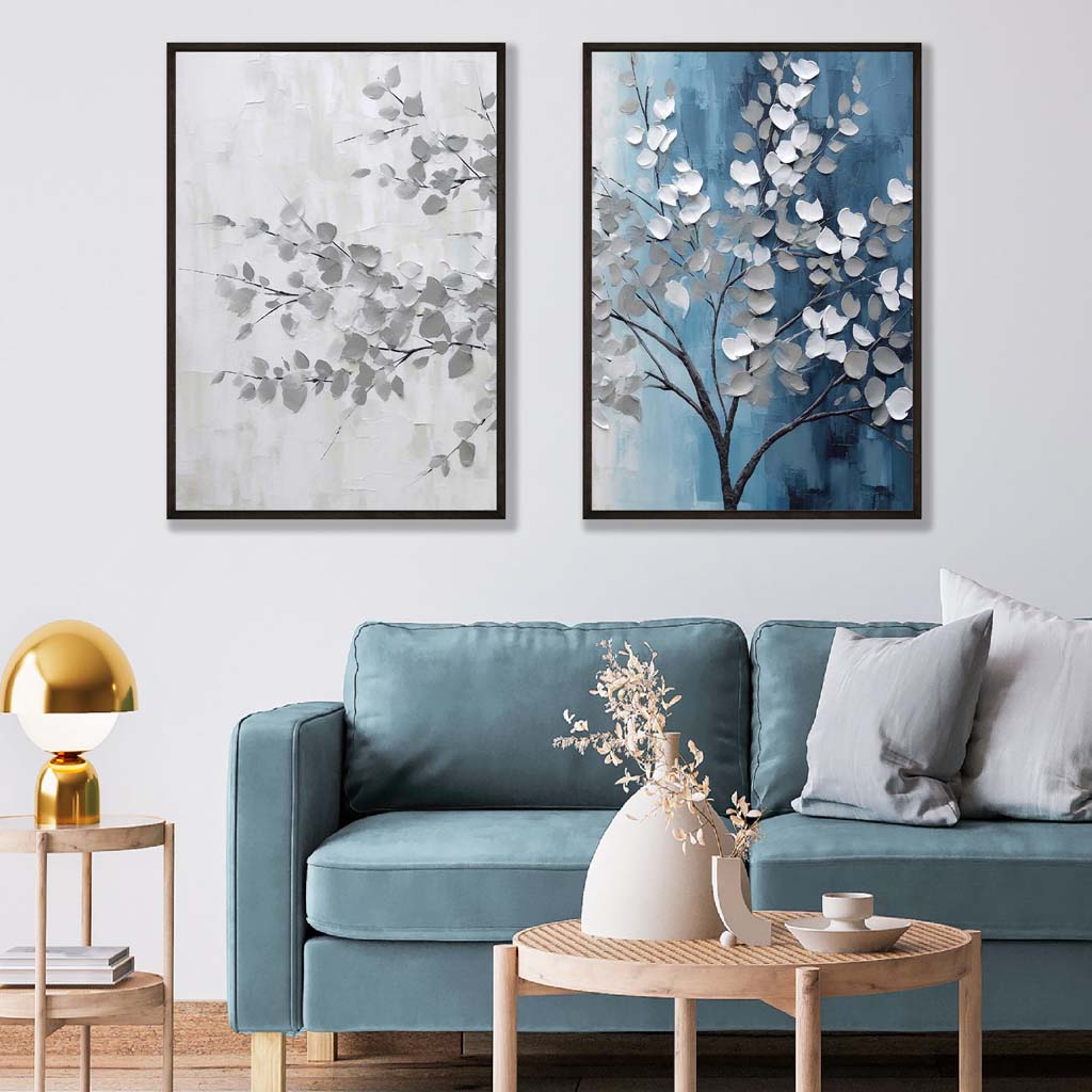 Blue and Gray Tree Diptych Framed Set of 2 Art Prints | Bowlift