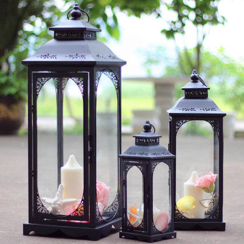 Antique-Style Metal and Glass Lantern Trio with Hinged Door and Carry Ring Bowlift