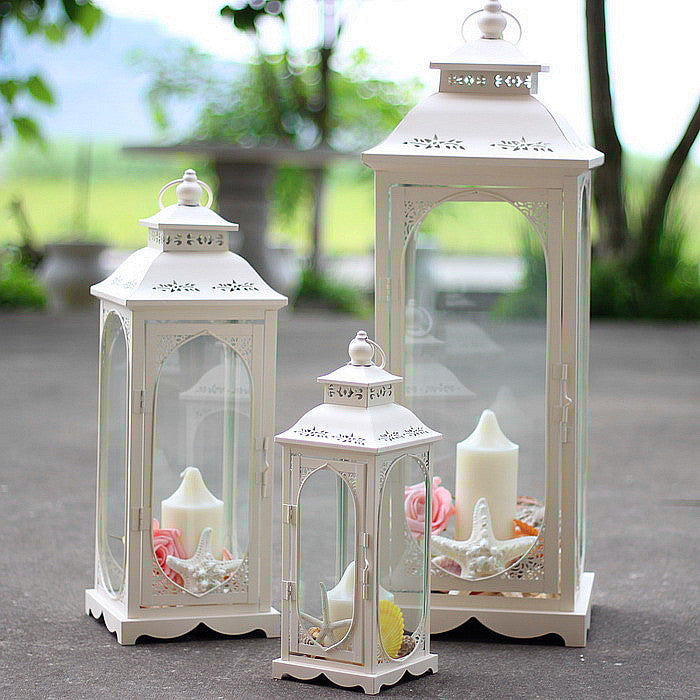 Nesting Coastal Ornate Metal and Glass Candle Lanterns for Tabletop Decor Bowlift