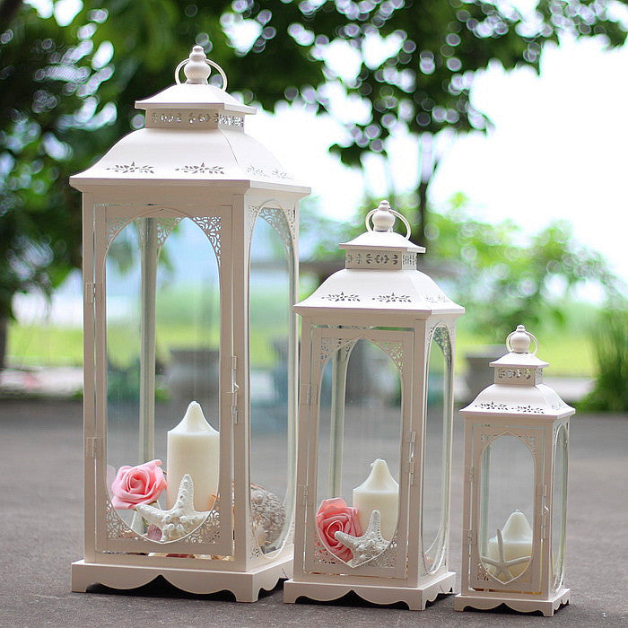 Nesting Coastal Ornate Metal and Glass Candle Lanterns for Tabletop Decor Bowlift