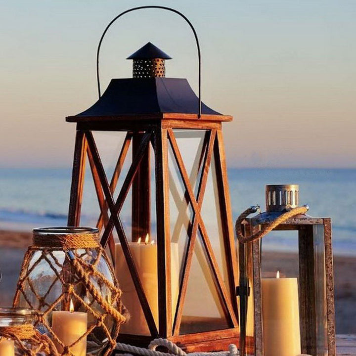 Hanging Rustic Metal and Glass Lantern Candle Holder with LED Flameless Pillar Effect Bowlift