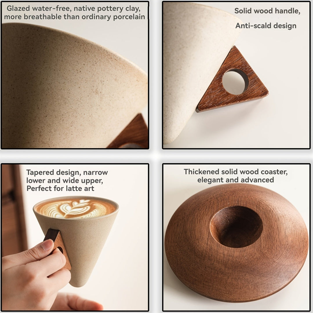 BaristaLuxe Ceramic Coffee Mug 250ml – Handcrafted with Wooden Handle and Saucer | Bowlift