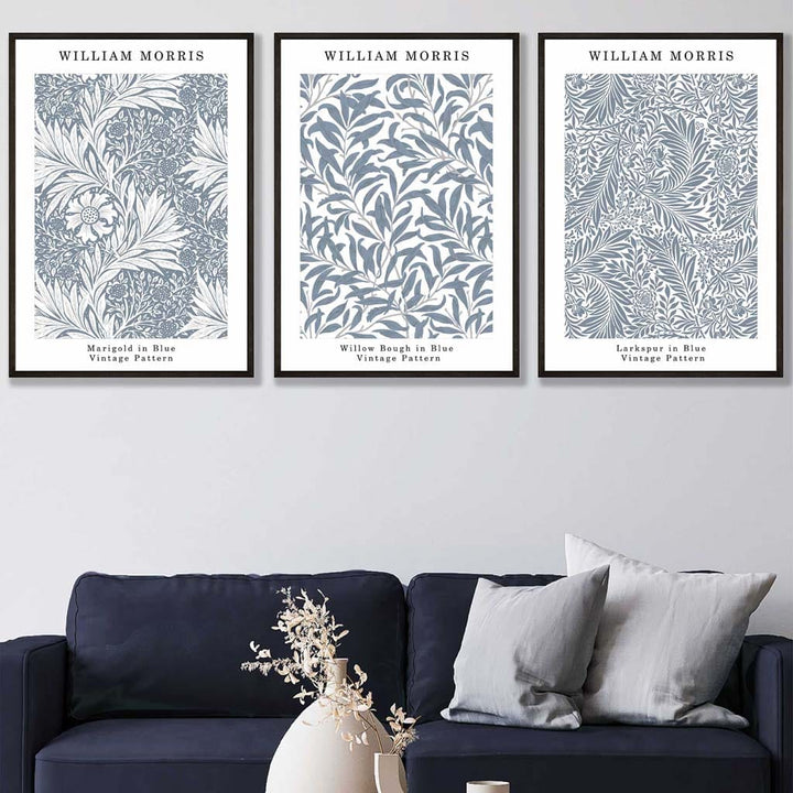 Blue William Morris Vintage Flower Set of 3 Wall Art Prints | Bowlift