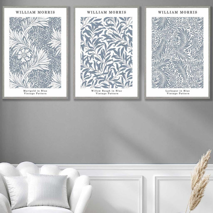 Blue William Morris Vintage Flower Set of 3 Wall Art Prints | Bowlift