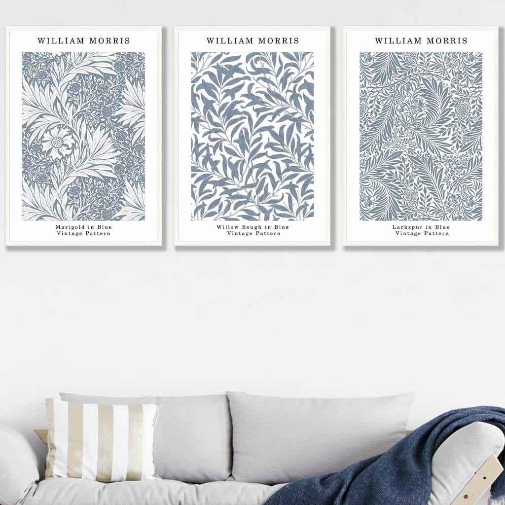 Blue William Morris Vintage Flower Set of 3 Wall Art Prints | Bowlift