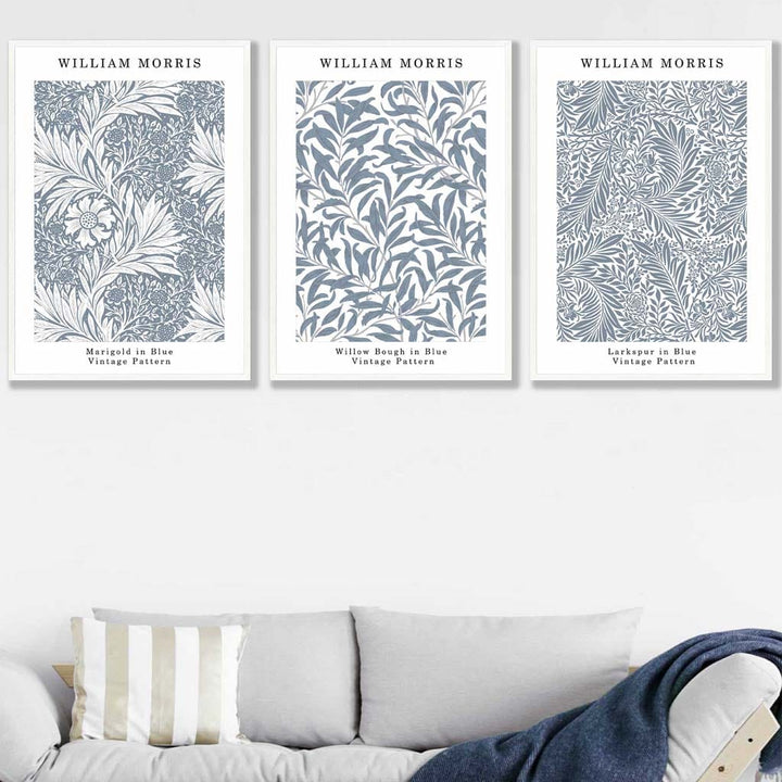 Blue William Morris Vintage Flower Set of 3 Wall Art Prints | Bowlift