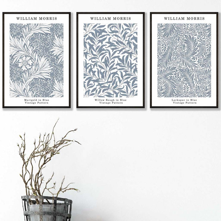 Blue William Morris Vintage Flower Set of 3 Wall Art Prints | Bowlift