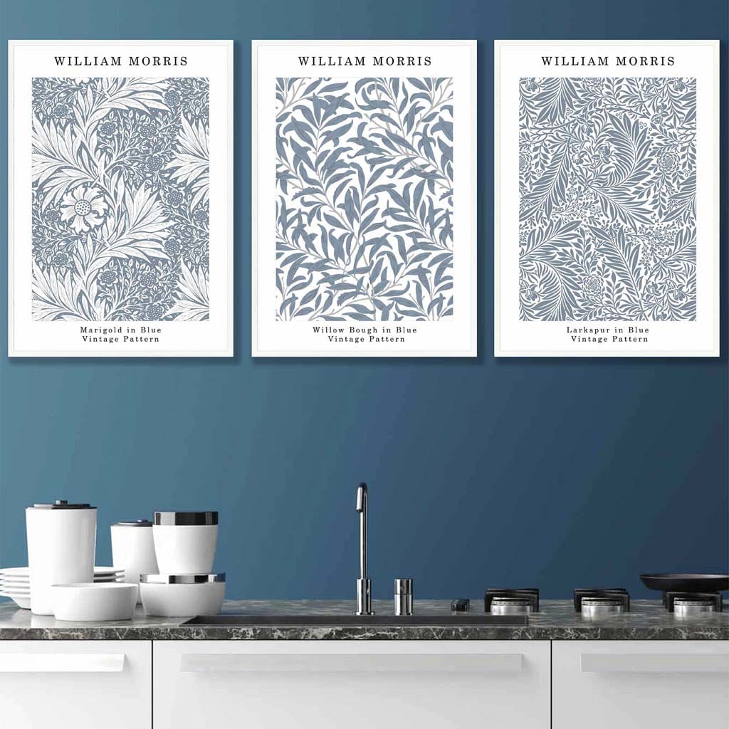 Blue William Morris Vintage Flower Set of 3 Wall Art Prints | Bowlift
