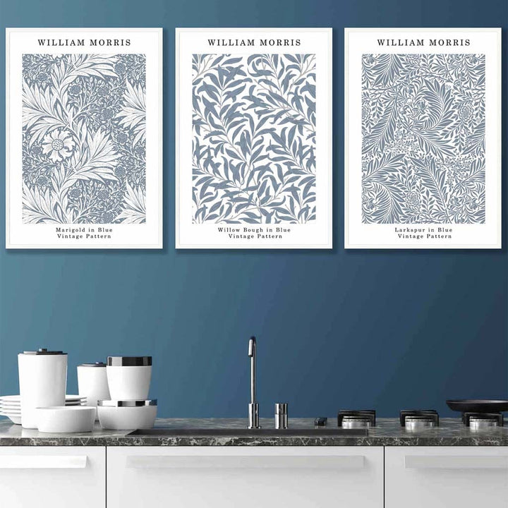 Blue William Morris Vintage Flower Set of 3 Wall Art Prints | Bowlift