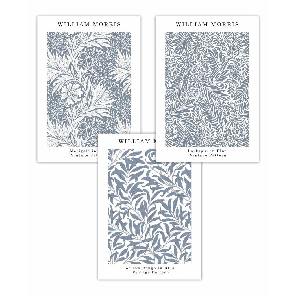 Blue William Morris Vintage Flower Set of 3 Wall Art Prints | Bowlift