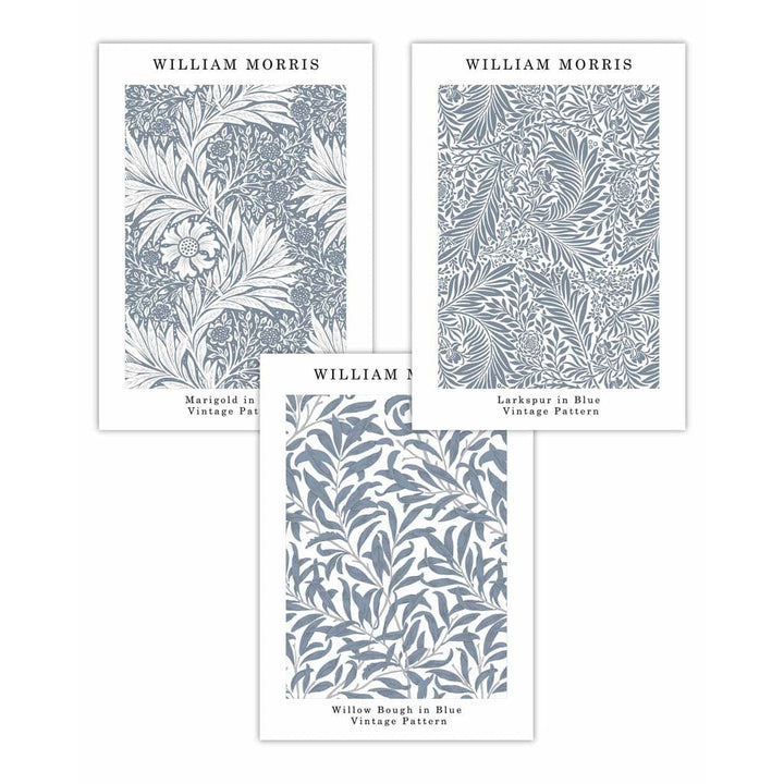 Blue William Morris Vintage Flower Set of 3 Wall Art Prints | Bowlift
